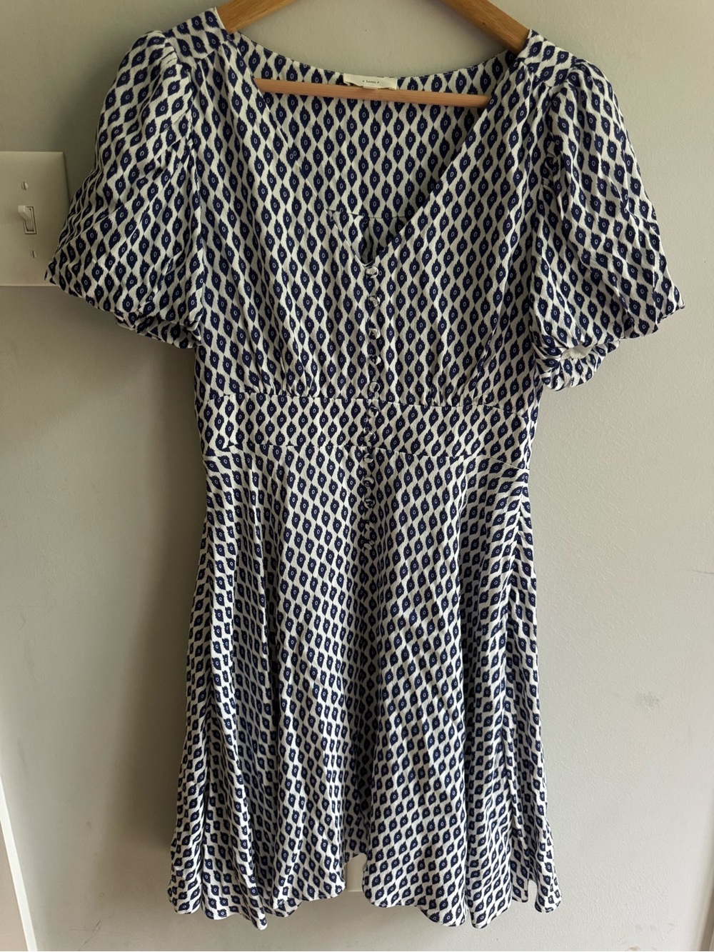 A Loves A Gorgeous Navy White Printed Midi Dress Puff Sleeves cottage core boho